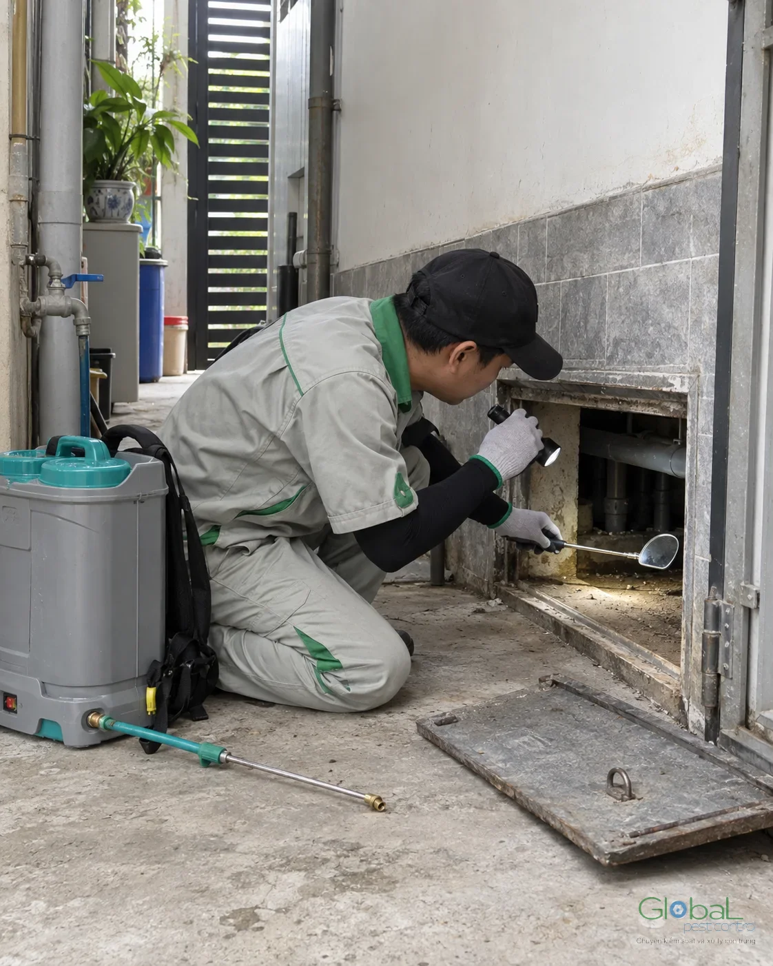 Kỹ thuật viên soi đèn pin kiểm tra khoang kỹ thuật dưới nền nhà phố