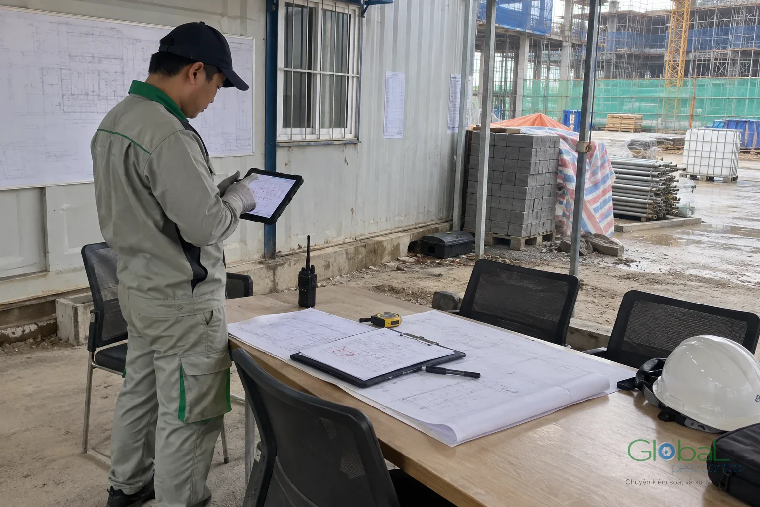 Kỹ thuật viên ghi nhận kết quả kiểm trạm trên máy tính bảng